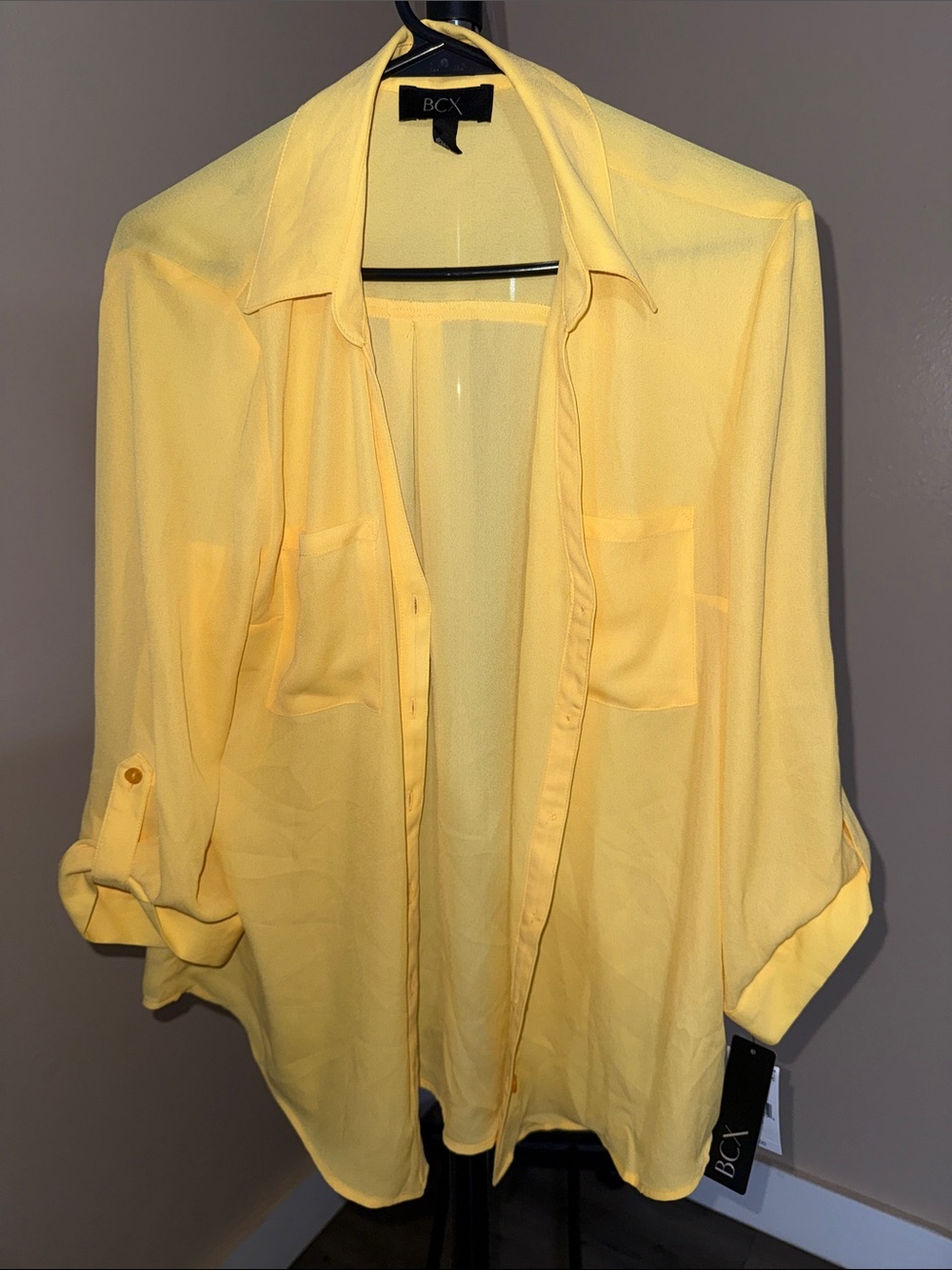 BCX Yellow Sheer Button-Down Blouse